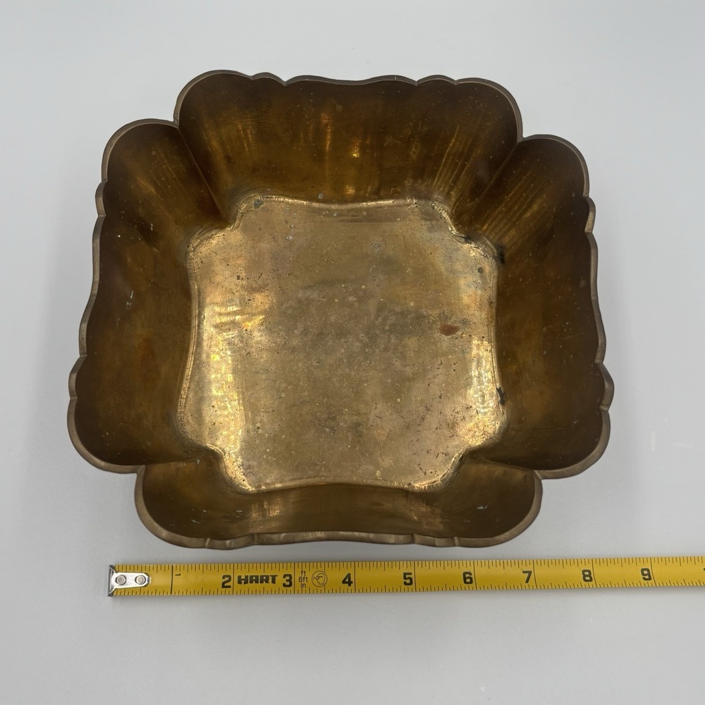 Vintage Art Deco Ornate Footed Solid Yellow Brass Square Ruffled Bowl - Picture 10 of 13